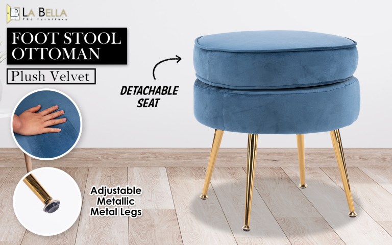 ottoman foot stool velvet fabric metal leg round navy blue Blue velvet foot stool with gold legs