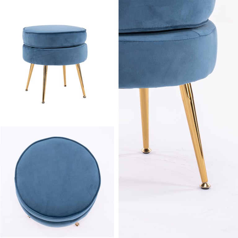 ottoman foot stool velvet fabric metal leg round navy blue Blue velvet stool with gold metal legs