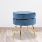 ottoman foot stool velvet fabric metal leg round navy blue Blue velvet ottoman with gold legs