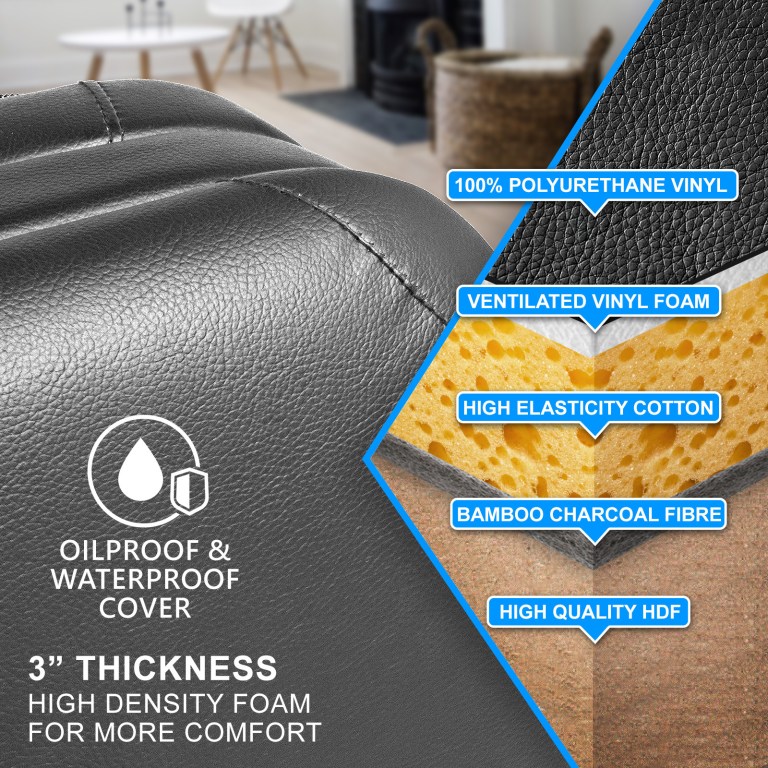 Layered waterproof vinyl cushion with high-density foam