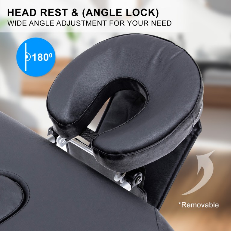 Adjustable massage table headrest with 180-degree angle lock