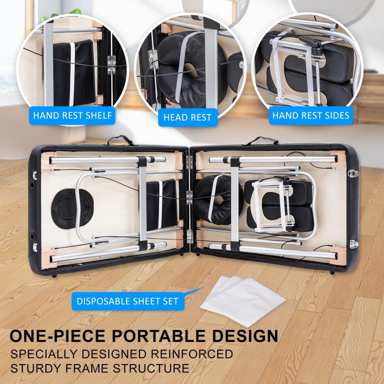 Foldable portable massage table underside and accessories
