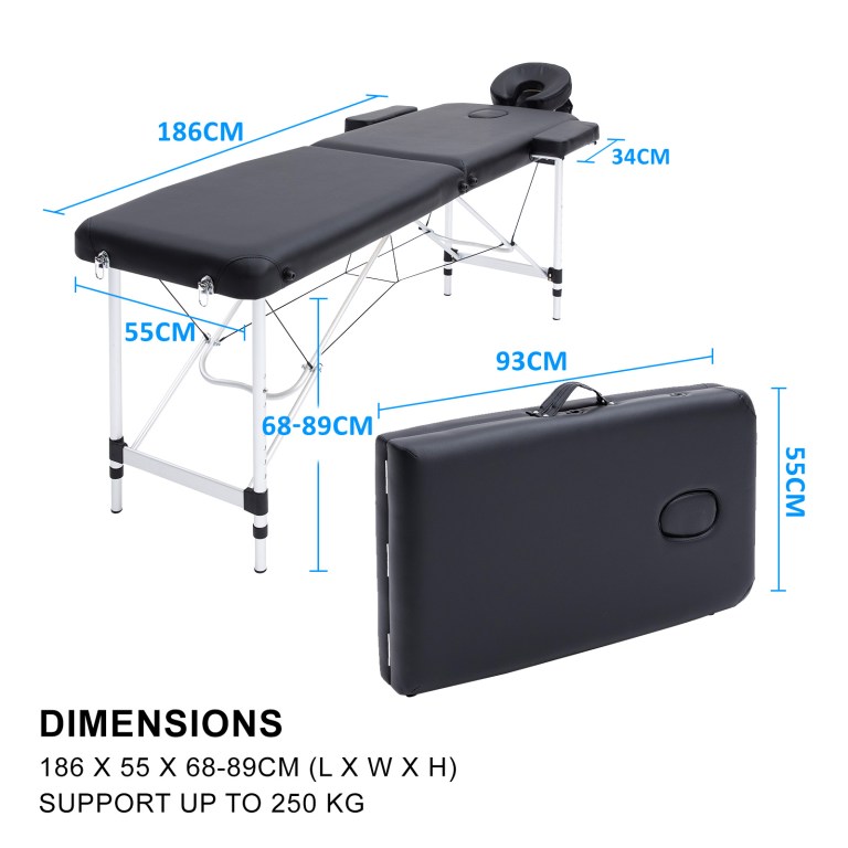 Black portable folding massage table with dimensions