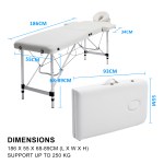 Portable folding massage table with dimensions shown