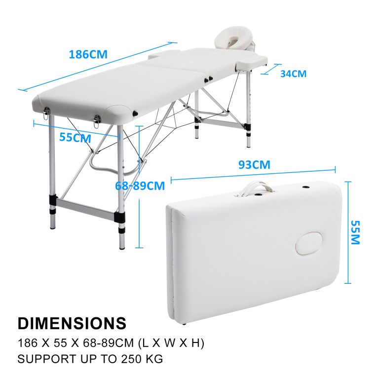 Portable folding massage table with dimensions shown