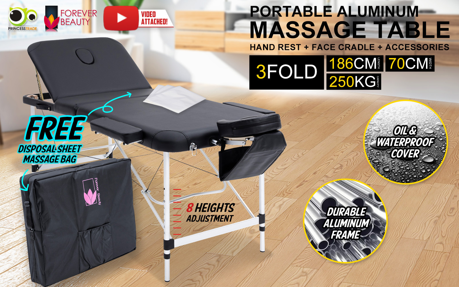 Portable aluminium massage table with carry bag