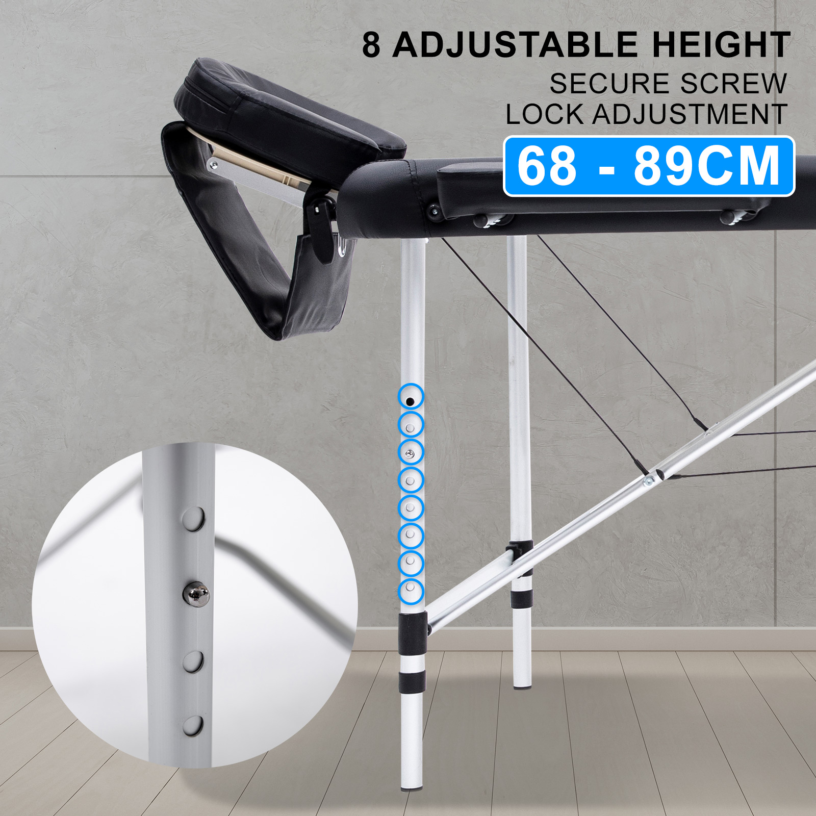 Adjustable massage table height with secure screw lock