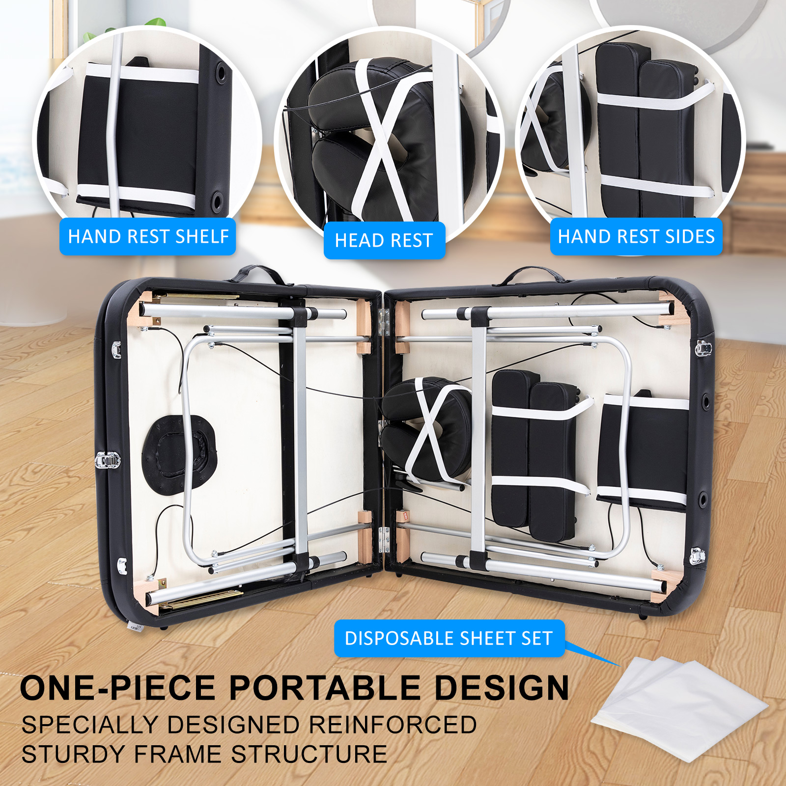 Foldable portable massage table underside with accessories