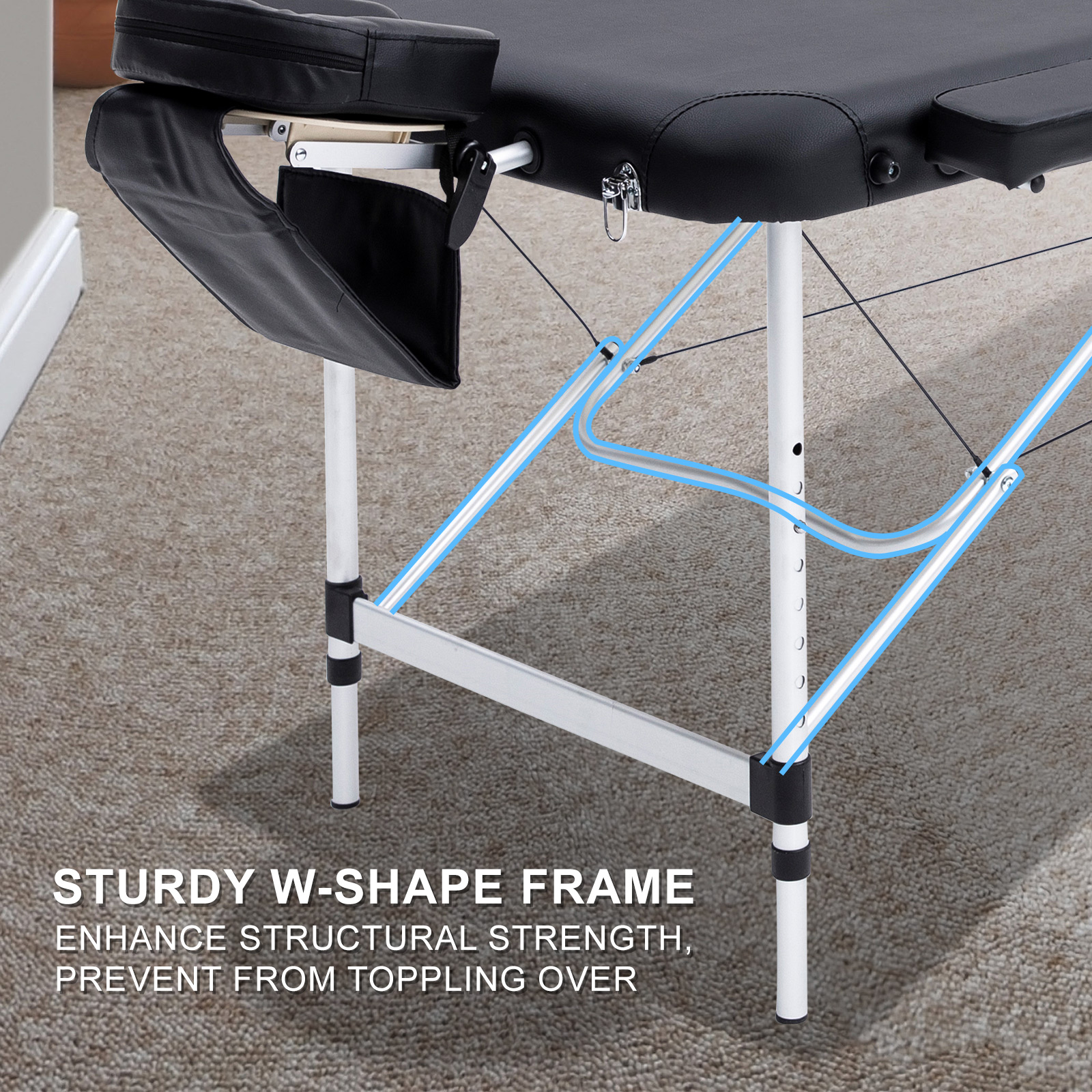 Massage table with sturdy W-shaped support frame