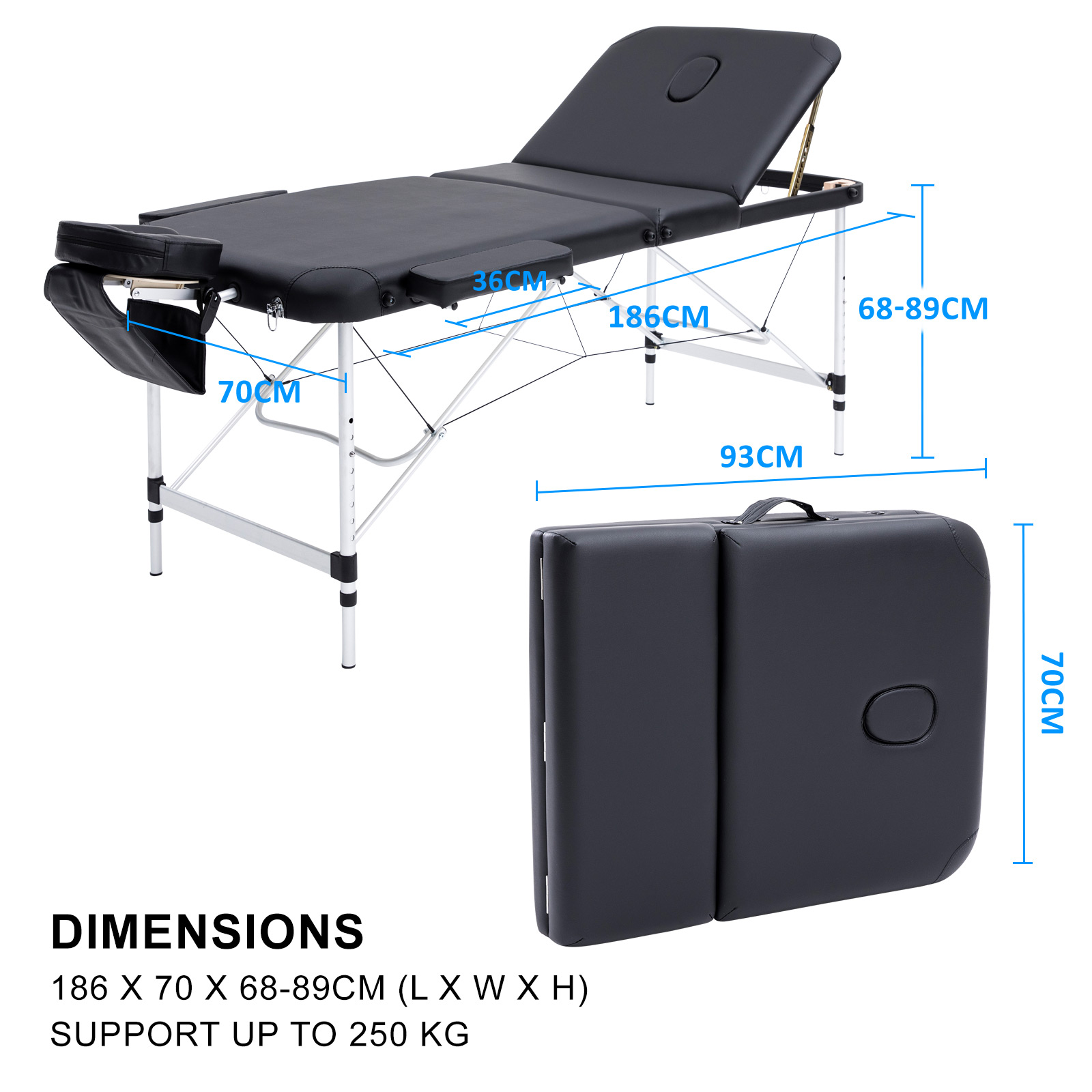 Black portable folding massage table with dimensions