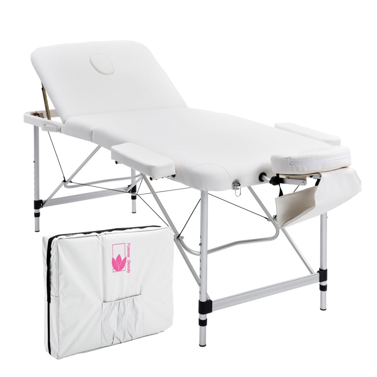 Portable white massage table with carry case