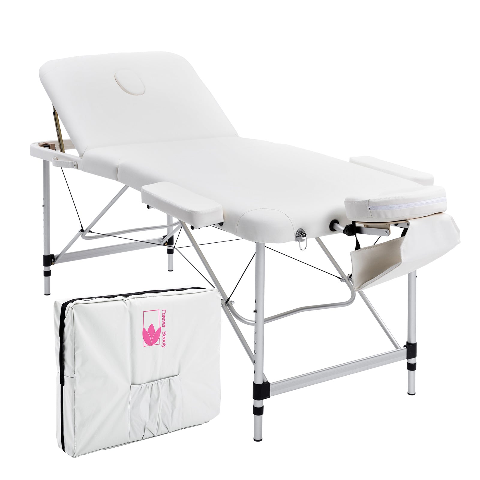 Portable white massage table with carry case