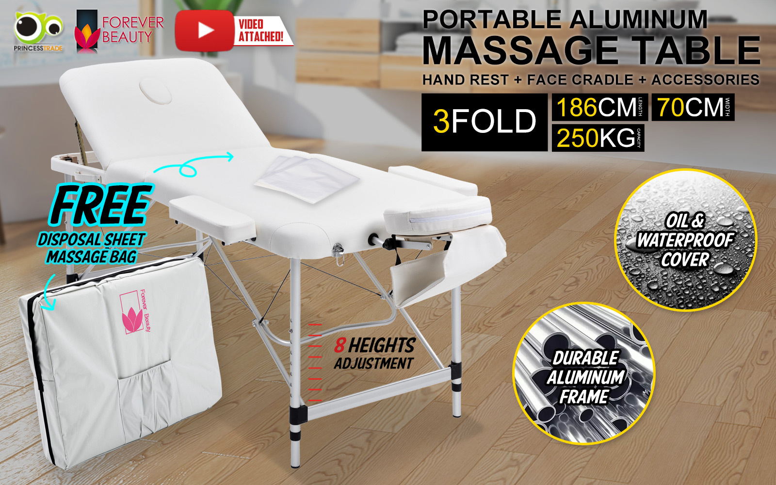 Portable aluminium massage table with accessories
