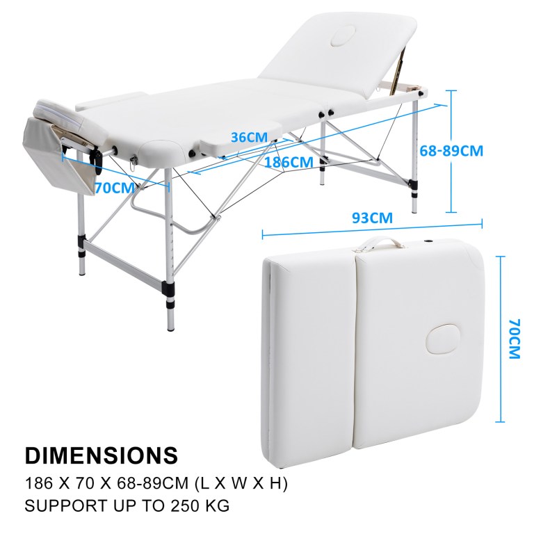 White portable folding massage table with dimensions shown