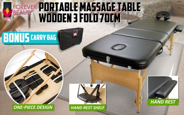 Portable wooden three-fold massage table with carry bag