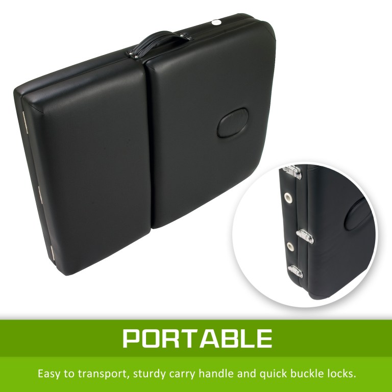 Black portable folding massage table with carry handle