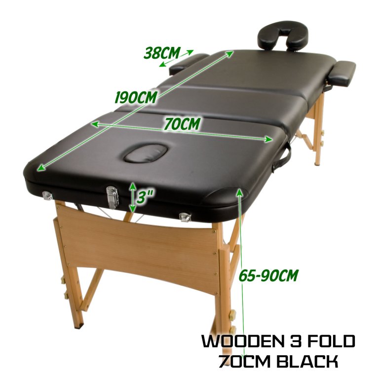 Black wooden folding massage table with dimensions