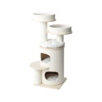 Cream multi-level cat tree with scratching posts