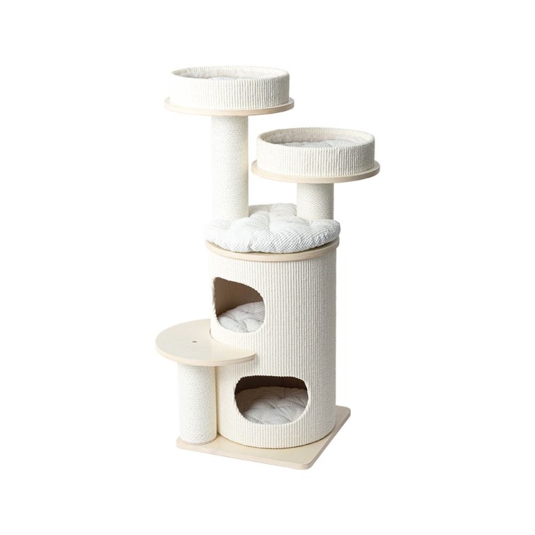 Cream multi-level cat tree with scratching posts