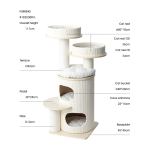 Beige multi-level cat tree with dimensions labelled