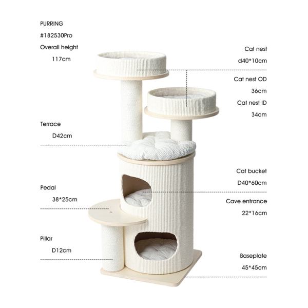 Beige multi-level cat tree with dimensions labelled