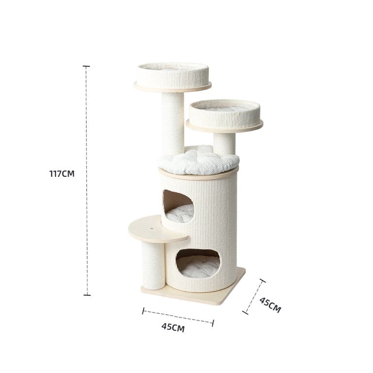 Beige multi-level cat tree with scratching posts