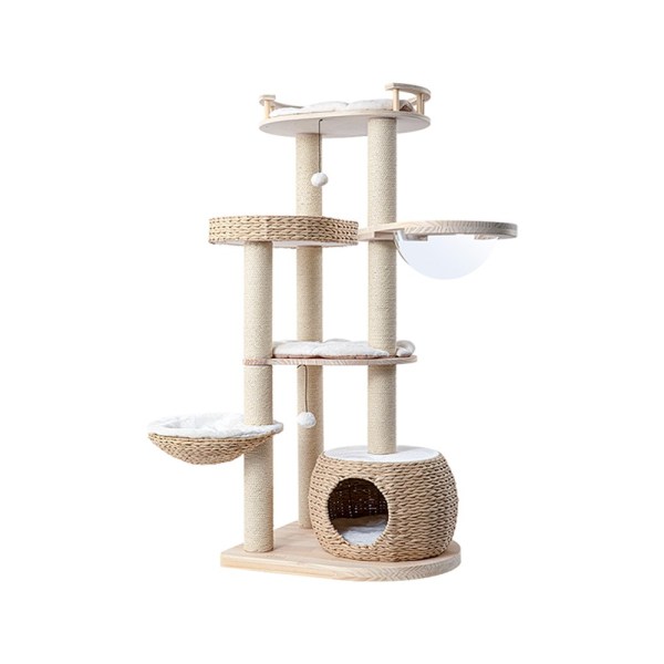 Multi-level cat tree with scratching posts and hammock