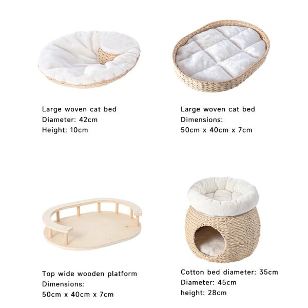 Woven cat beds and wooden platform with dimensions