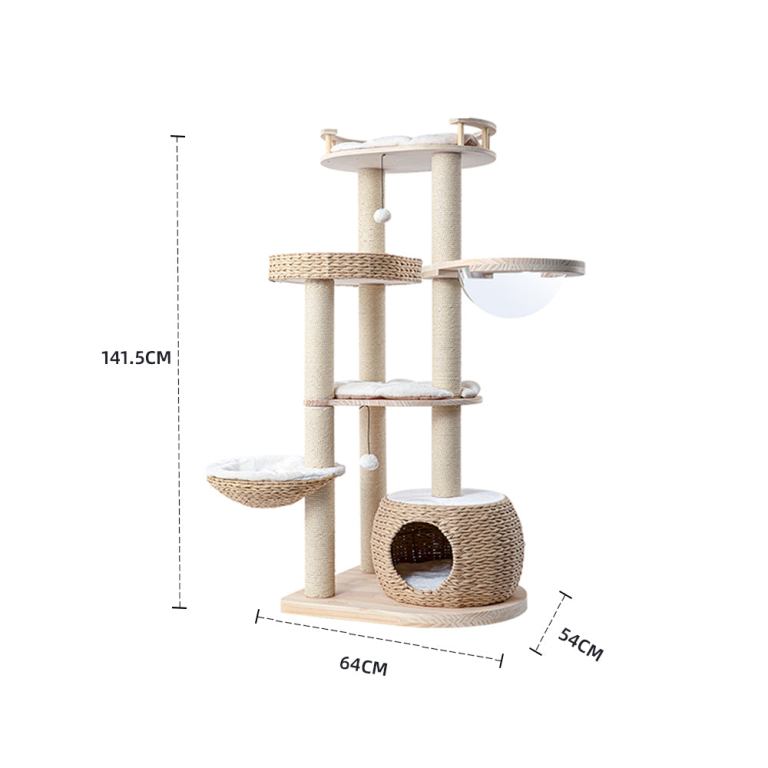 honeypotcat cosy woven cat perch 141.5cm Multi-level beige cat tree with scratching posts
