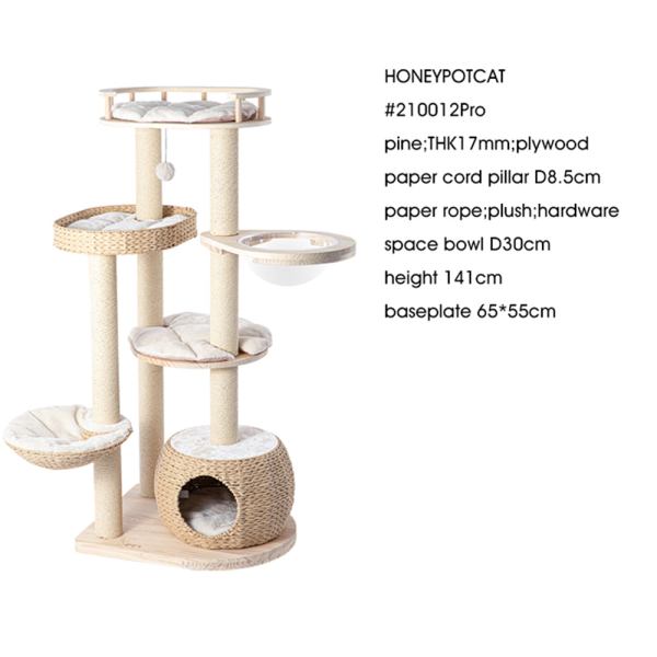 Multi-level wooden cat tree with plush platforms