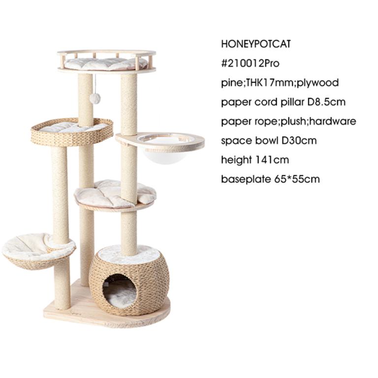 honeypotcat cosy woven cat perch 141.5cm Multi-level wooden cat tree with plush platforms