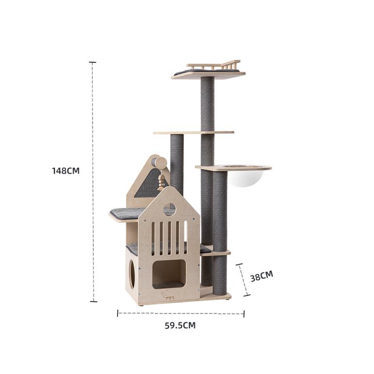 Wooden multi-level cat tree with dimensions shown