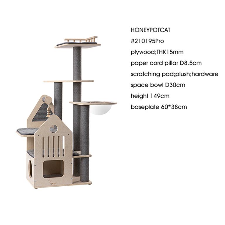 Wooden multi-level cat tree with scratching posts