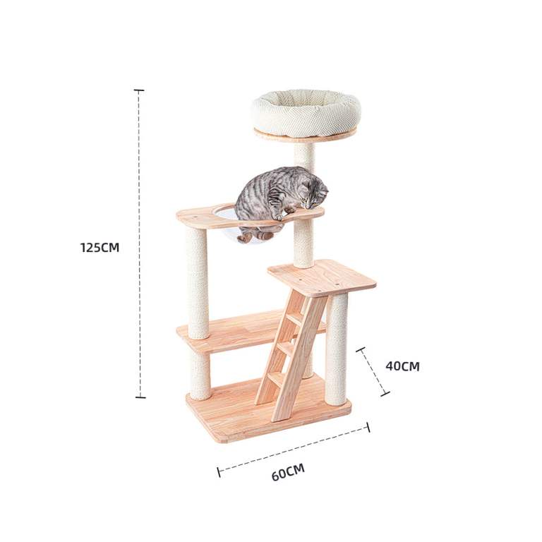 Wooden cat tree with ladder and top bed