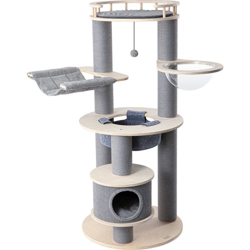Modern multi-level cat tree with hammock and cubby