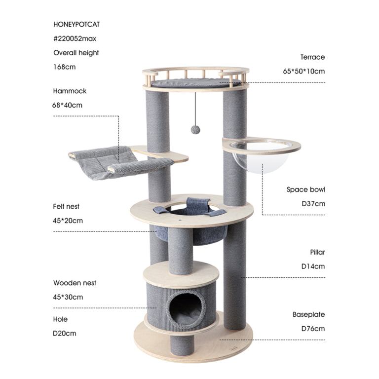 Multi-level wooden cat tree with hammock and platforms