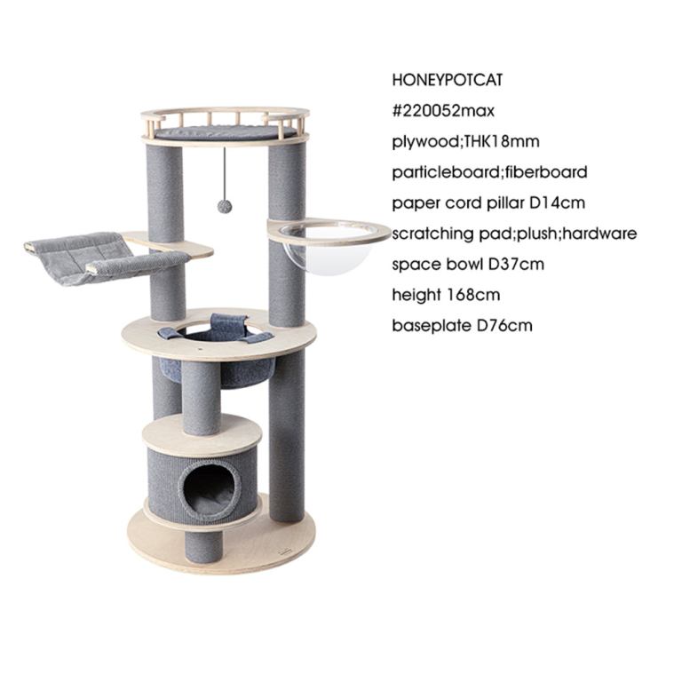 Multi-level grey and wood cat tree