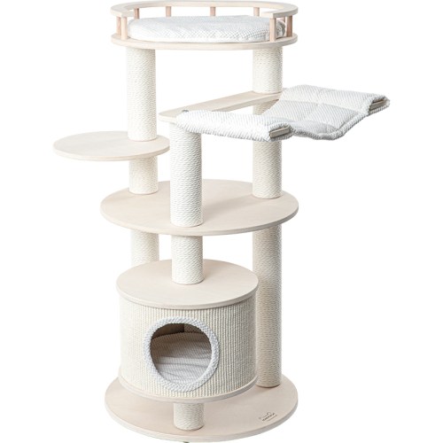 Modern beige multi-level cat tree with hammock