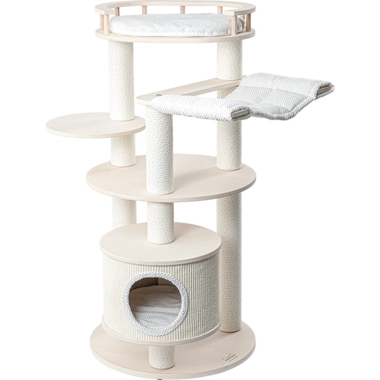 Modern beige multi-level cat tree with hammock