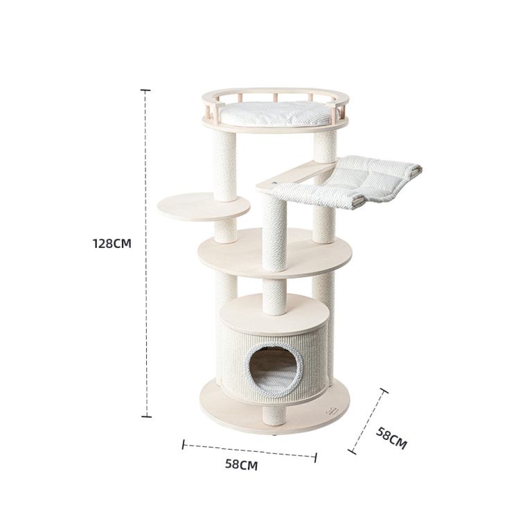 Beige multi-level cat tree with hammock and condo