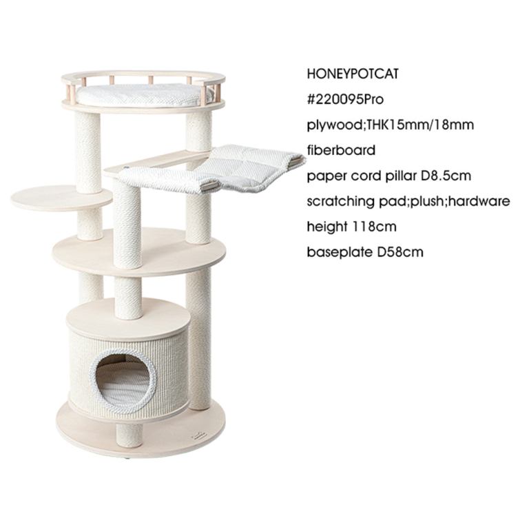 Beige multi-level cat tree with scratching posts