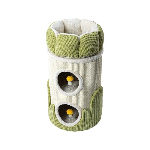 Green and cream cat tree with cubbies