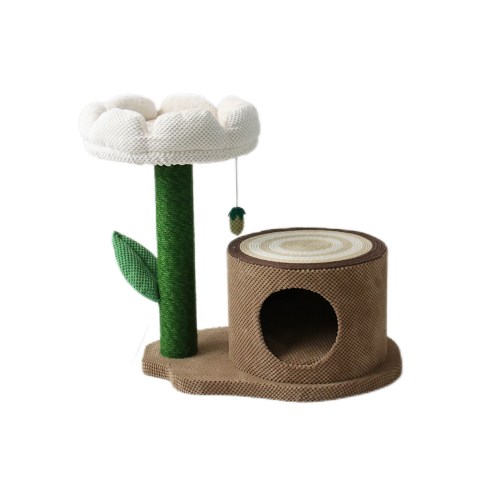 Flower-shaped cat scratching post with hideaway cubby