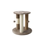 Beige multi-post cat scratching tower with pom-poms