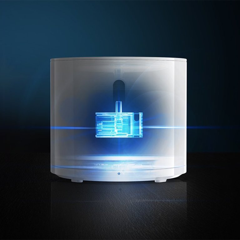 Futuristic transparent device with glowing blue core