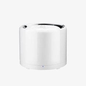 White cylindrical pet water fountain with stainless steel top