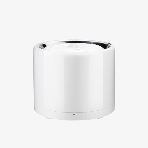 White cylindrical pet water fountain with stainless steel top