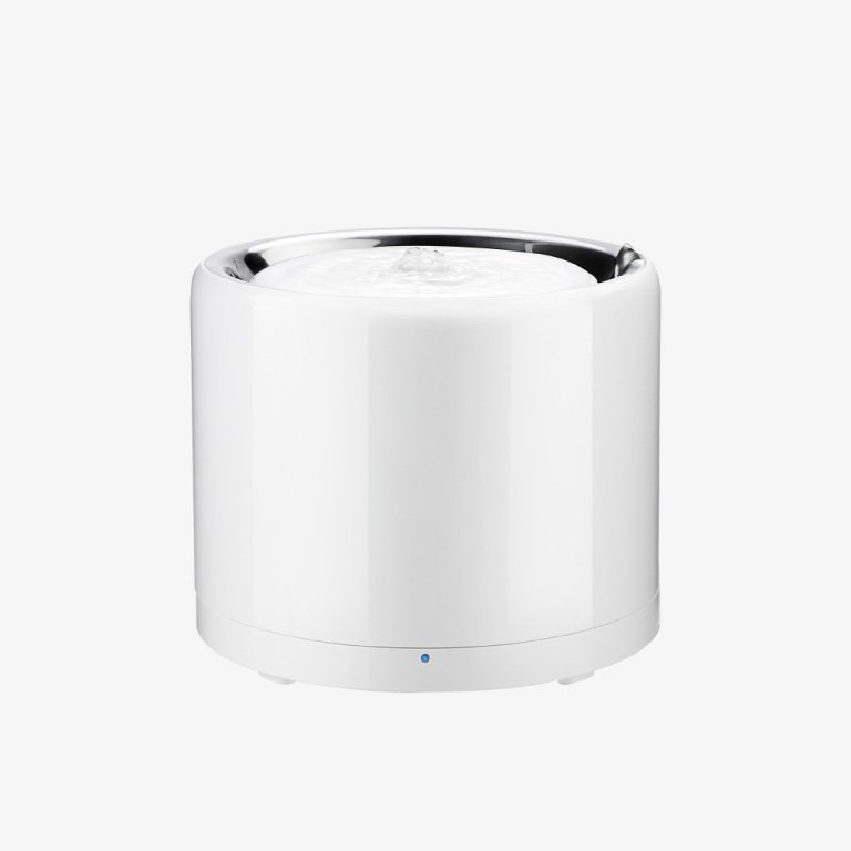 White cylindrical pet water fountain with stainless steel top