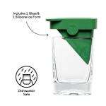 Glass with green silicone ice mould lid