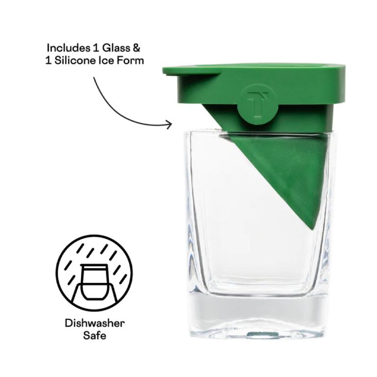 Glass with green silicone ice mould lid